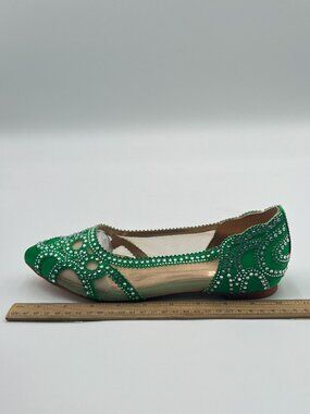 XYD Green Pointed Toe Rhinestone Flats Mesh Slip-on Crystals Wedding Bride Shoes